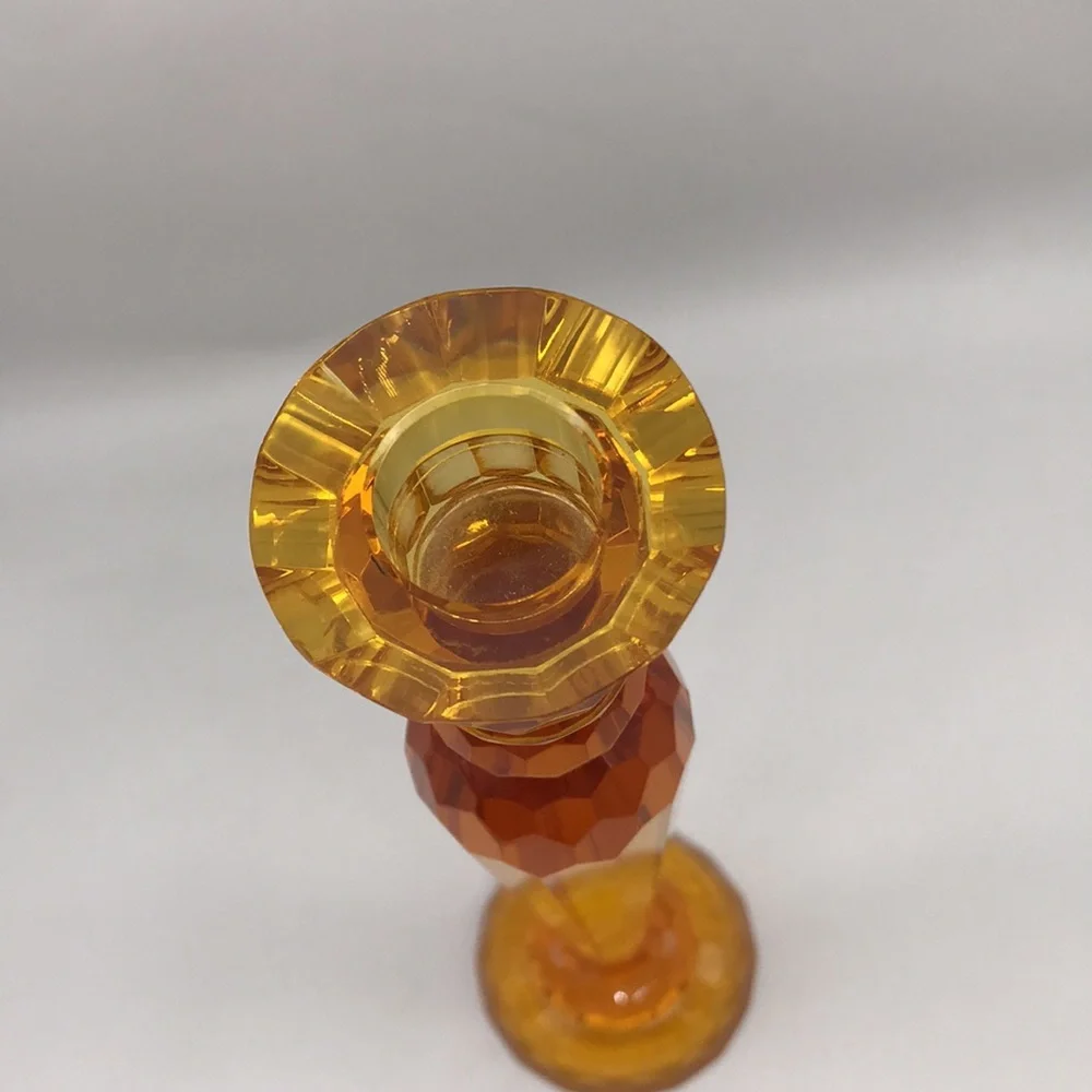 Sorelle Crystal Deep Amber Yellow Dining Candle Stick Holder—Size 11”x 2.75”Base - Picture 5 of 6